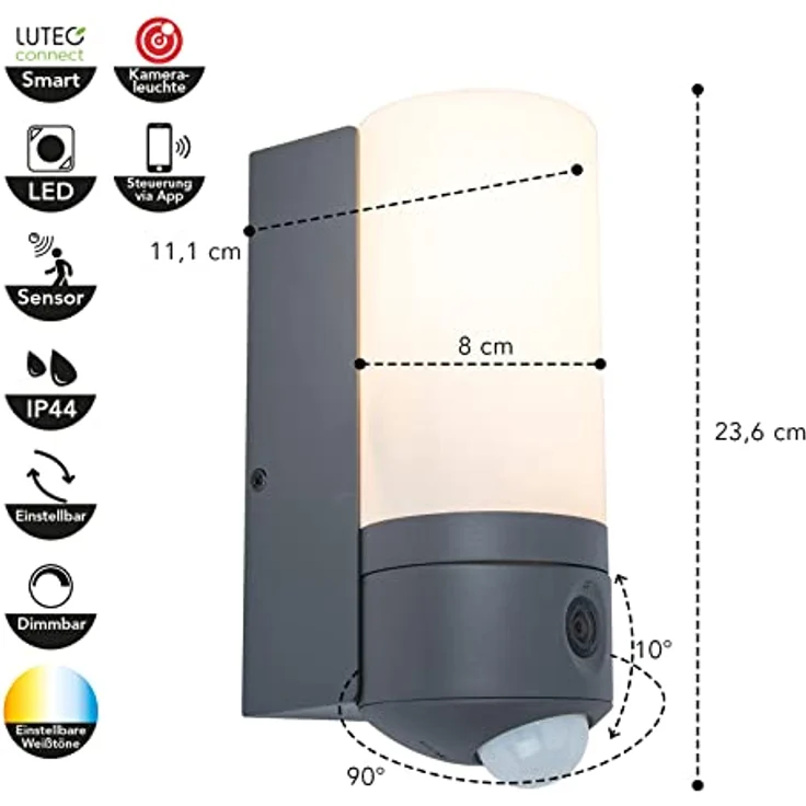LUTEC LED-Kameraleuchte POLLUX, Außenleuchte in Anthrazit mit Bewegungsmelder & Kamera, Überwachungskamera Full-HD und Gegensprechanlage,inkl. 16 GB SD-Karte, kompatibel m. Google Voice & Alexa, – Bild 2