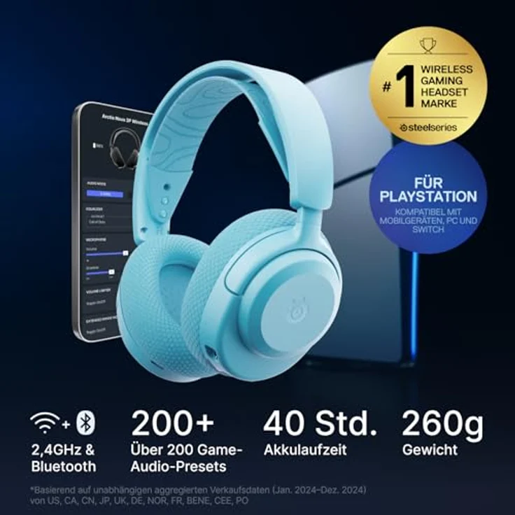 SteelSeries Arctis Nova 3P Wireless Gaming-Headset, 40 Std. Akku, Neodym-Treiber, 2,4 GHz/Bluetooth, abnehmbares Mikrofon, App-Steuerung, Aqua – Bild 2