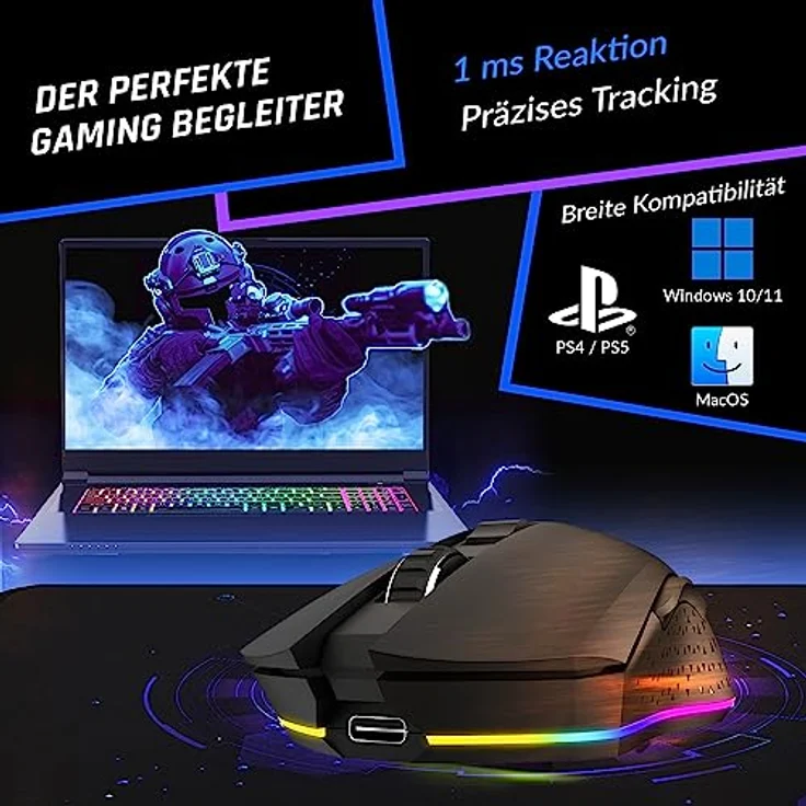 KLIM Blaze - Wiederaufladbare kabellose RGB Gaming Maus - NEU 2023 - Hochpräziser Sensor mit Langer Akkudauer - Einstellbar auf bis zu 10000 DPI - Kabel- und Funk Maus Modus (Schwarz) – Bild 3