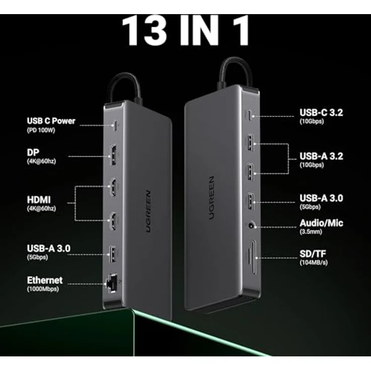 UGREEN Revodok Pro 313 USB C Docking Station Triple Display 10Gbps USB Ports 13 IN 1 USB C Hub 2HDMI, DP, 5X USB A/C Ports, PD 100W Schnellladen, Gigabit Ethernet, SD/TF Kartenleser, 3.5mm Aux – Bild 2
