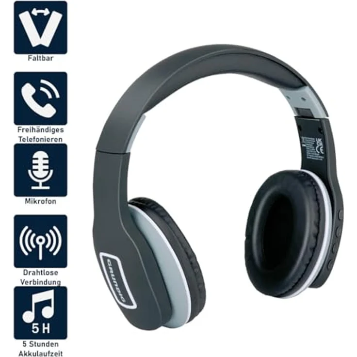 Grundig Bluetooth Over Ear Kopfhörer, kabellos mit Mikrofon, 5 Stunden Spielzeit, inkl. 3,5mm Audiokabel und USB-C Ladekabel – Bild 2