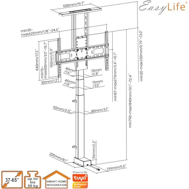 EasyLife EL-LM-SH65, motorisierter TV Lift/Bodenständer mit Fernbedienung für 37-65 Zoll, VESA bis 600x400, schwarz, WiFi-fähig, 2 Speicherpositionen – Bild 9