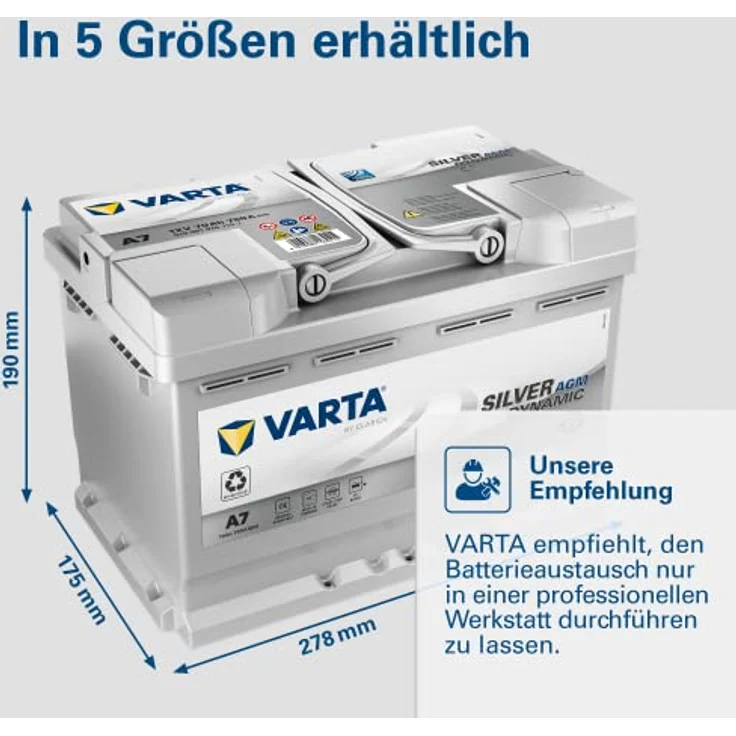 VARTA A7 Silver Dynamic AGM, 12V 70Ah 760A Autobatterie für Start-Stop Systeme, rüttelfest und auslaufsicher – Bild 7
