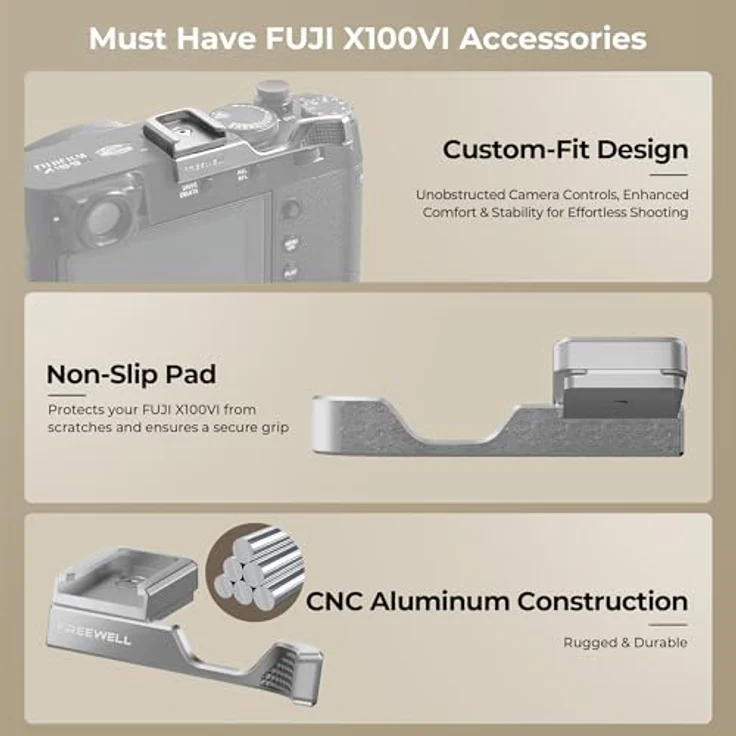 Freewell Daumengriff für Fuji X100VI, ergonomisch mit Kaltschuhhalterung, Aluminium in Silber – Bild 3