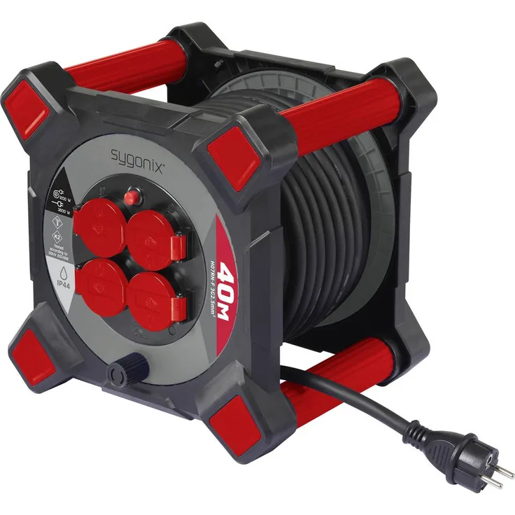 Sygonix SY-10236126 Kabeltrommel 40m Schwarz, 4x Schutzkontaktsteckdosen, IP44, Überhitzungsschutz, H07RN-F Gummischlauchkabel