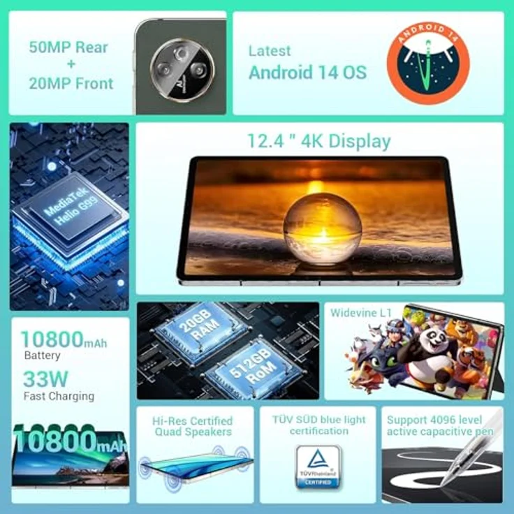 DOOGEE T30MAX Tablet (12.4", 512 GB, TÜV SÜD-Blaulicht-Zertifizierung, AI-Doppelkamera) - Helio G99 Octa Core, 20 GB RAM, widevine L1 Unterstützung, Hi-Res-zertifizierte Quad-Lautsprecher – Bild 2