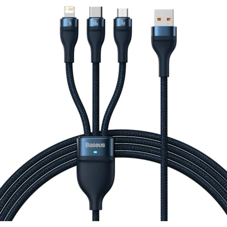 Baseus Flash Serie II 3-in-1 Schnellladekabel USB-A zu USB-C/Micro-USB/Lightning, 66W, 480Mb/s, 1,2m, Blau