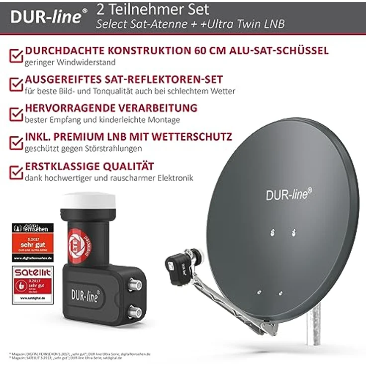 DUR-line 2 Teilnehmer Set - Qualitäts-Alu-Satelliten-Komplettanlage - Select 60/65cm Spiegel/Schüssel Anthrazit + Twin LNB - für 2 Receiver/TV [Neuste Technik, DVB-S2, 4K, 3D] – Bild 2