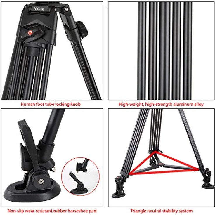 VILTROX® VX-18M 188cm / 74 Zoll Panorama Kamera Dreibein-Stative mit Fluid Drag Kopf für Canon Nikon Sony DSLR Kamera & DV Camcorder, Aluminiumlegierung – Bild 5