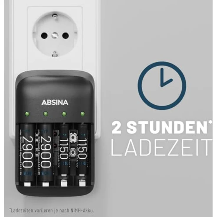 ABSINA X4 Akku Ladegerät für AA, AAA & 9V inkl. 4x AAA 1150mAh Akkus, Schnellladung mit Einzelschachtüberwachung und LED Statusanzeige – Bild 5