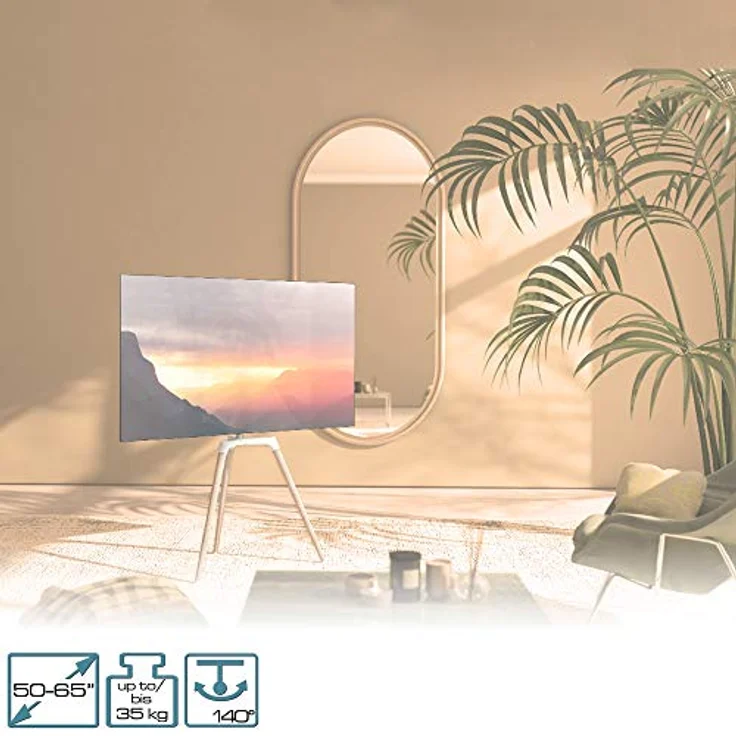 EasyLife Design STAFFELEI Tripod TV-Stativ, Halterung für Fernseher bis 65'' Zoll & 35 kg, schwenkbar bis 140°, höhenverstellbar, VESA bis 400x400, Weiß/Buche hell – Bild 2