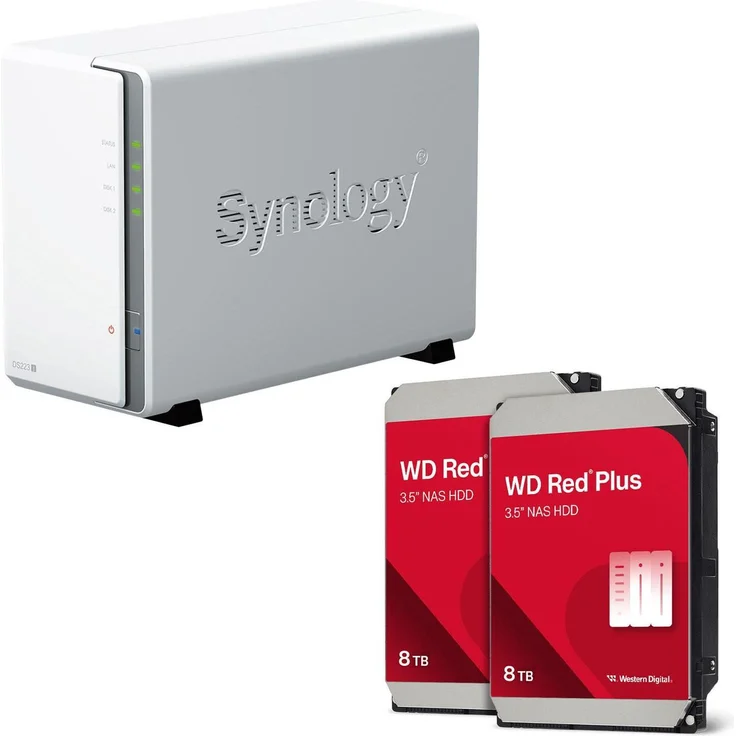 Synology DiskStation DS223J NAS-Server 2 Einschübe + 16TB WD Red Plus SATA 3.5" Festplatte, Leergehäuse für Datenspeicherung