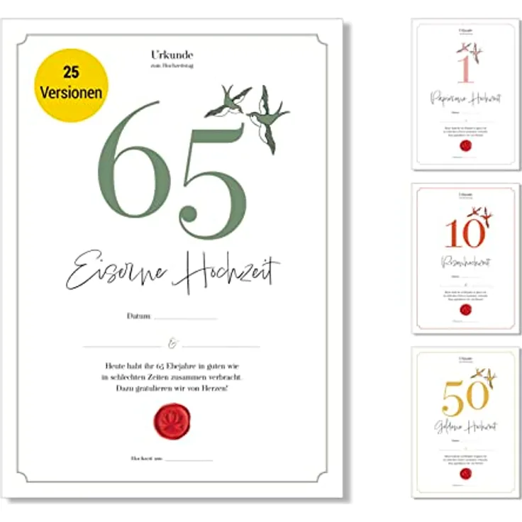 Frank Paperman | Urkunde Hochzeitstag | Ehejubiläum | klassisch | 65. Hochzeitstag