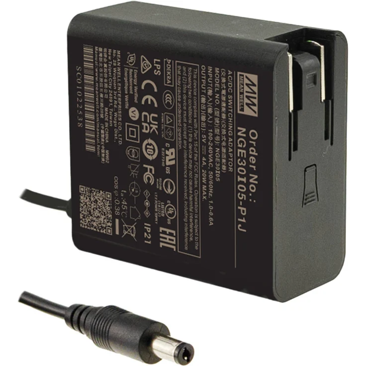 MEANWELL NGE30I48-P1J Steckernetzteil 30W, 48V, 0,63A, kompakt mit Eurostecker und wechselbaren AC-Steckern