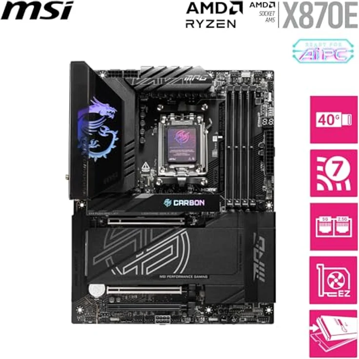 MSI MPG X870E Carbon WiFi Mainboard, ATX - AMD Ryzen 9000/8000/7000 Unterstützung, DDR5 Memory Boost 8400+MT/s, PCIe 5.0 x16 & 4.0 x16, M.2 Gen5, Wi-Fi 7, 5G LAN – Bild 2