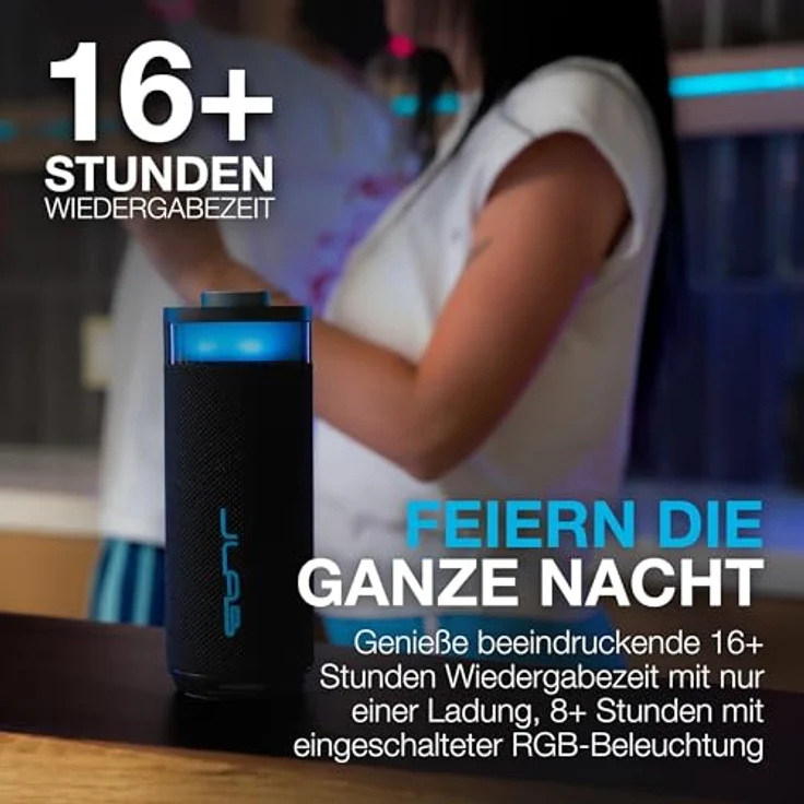 JLab Go Party Tragbarer Bluetooth Lautsprecher, 10W mit 16H+ Akkulaufzeit, RGB Licht und IP56 Wasserfest, Schwarz – Bild 2