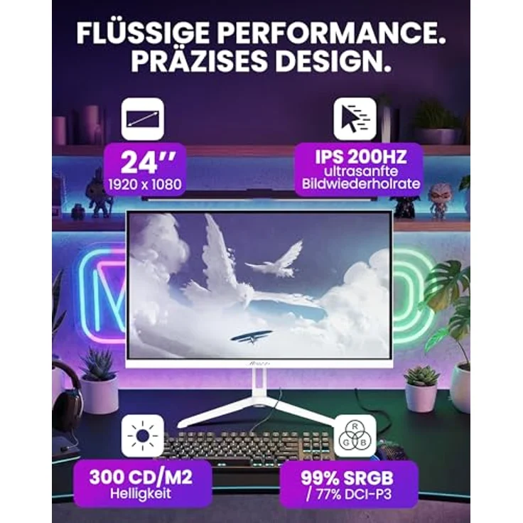 Arozzi Nova 24", Gaming Monitor mit 200Hz IPS, Full HD 1080p, Adaptive Sync, HDR10, flimmerfrei, 99% sRGB, Weiß – Bild 2