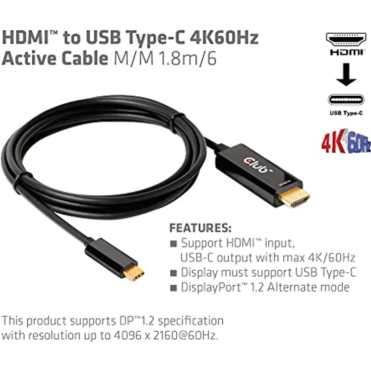 Club 3D HDMI™ auf USB-Typ-C 4K60Hz aktives Kabel Schwarz 1,8m – Bild 3