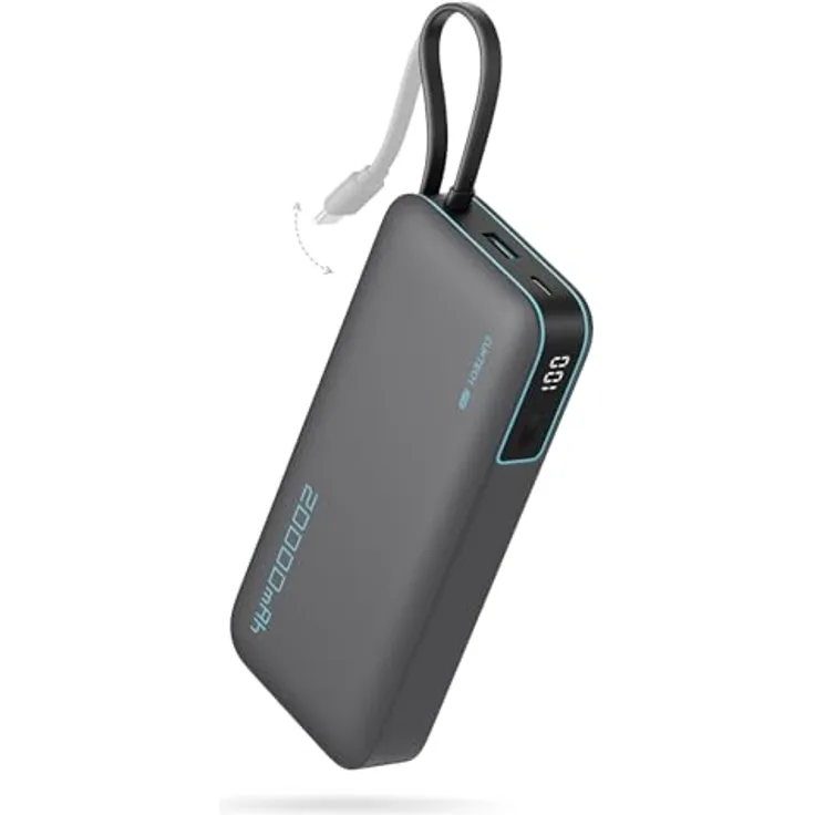 Cuktech CUKP200N, 55W 20000mAh Powerbank mit integriertem USB-C Kabel und drei Anschlüssen, kompakt und robust