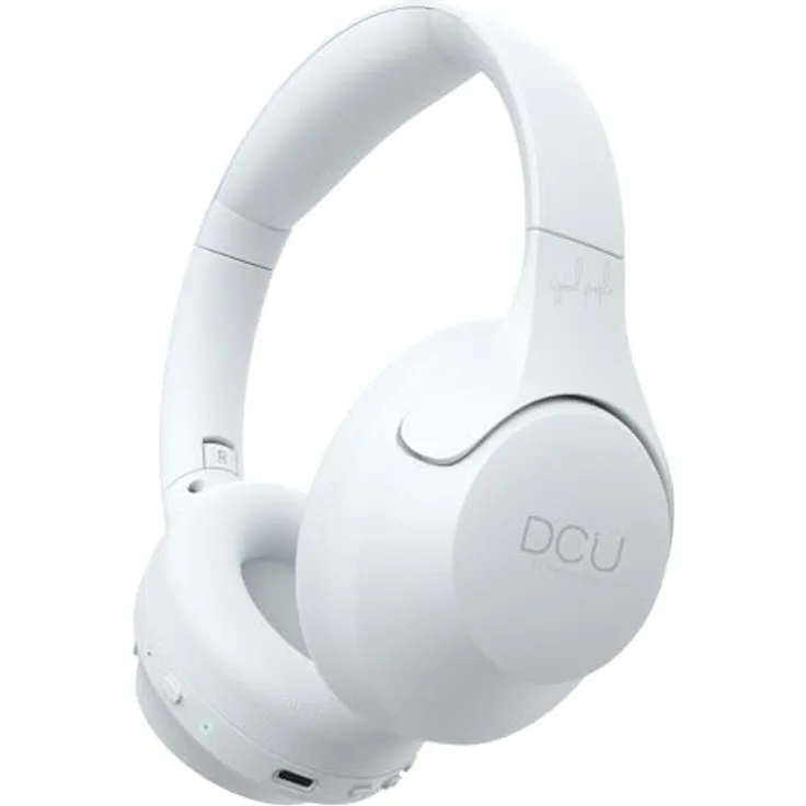DCU TECNOLOGIC, Kabellose Bluetooth-Kopfhörer mit 15 Stunden Akkulaufzeit, USB-C-Aufladung, faltbarem Design und Freisprechfunktion, Weiß
