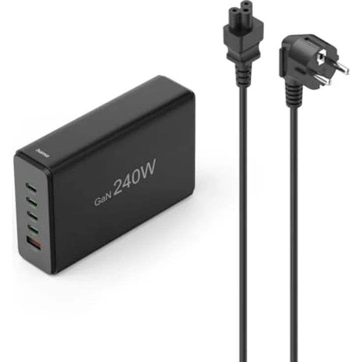 Hama 5-Fach USB GaN Ladestation 240W, Mehrfach USB-Ladestation mit 5 Ports, inkl. 1,5m Kabel, Schwarz