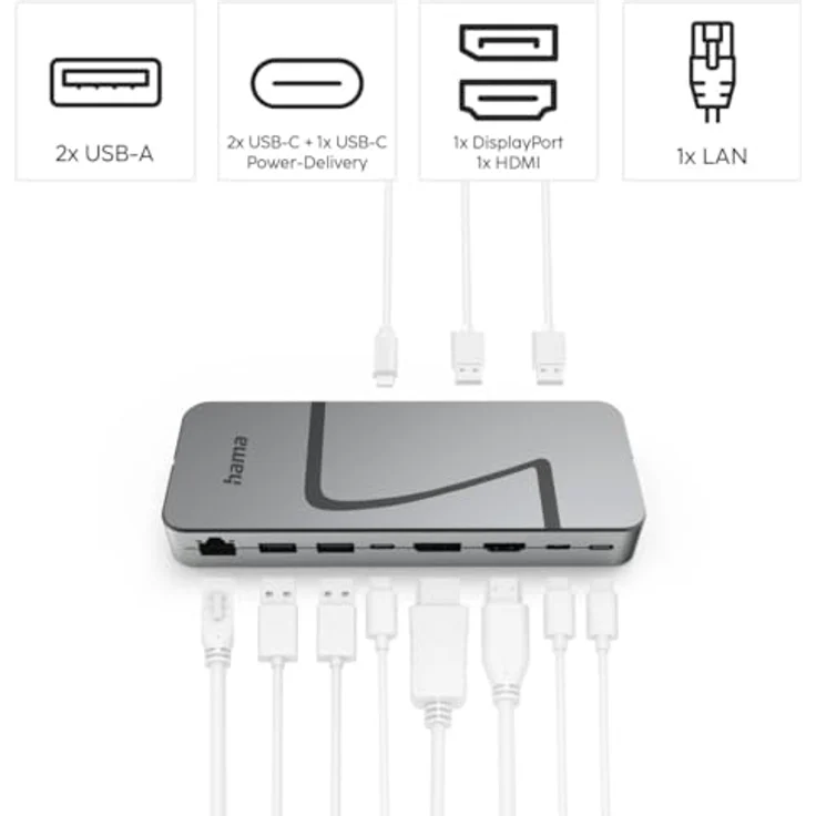 HAMA Connect2Office Speed 8 Ports Docking Station, Grau mit 10 Anschlüssen, 8K Unterstützung und USB-C Ladefunktion – Bild 2
