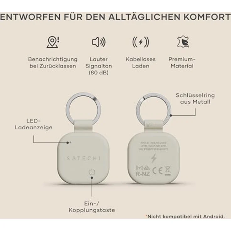 SATECHI FindAll Schlüsselanhänger, Tracker mit Find My, kabellos aufladbar, Trennungsalarm, lauter Signalton – Sand – Bild 2