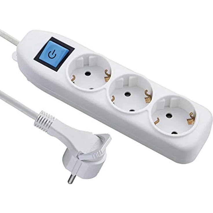 Electraline 62442, Steckdosenleiste 3-Fach mit Schalter, Kabel 3m / Mehrfachsteckdose/Tischsteckdose Steckerleiste, Weiß, 3 M mit mit extra flachem, platzsparendem Stecker