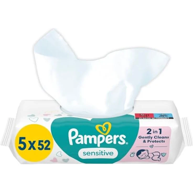 Pampers Sensitive Baby Feuchttücher, 260 Tücher (5 x 52), ohne Duft, für eine sanfte und weiche Reinigung, pflanzenbasierte Fasern, dermatologisch getestet – Bild 1