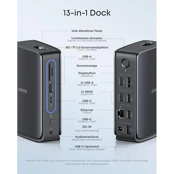 Anker Nano Laptop Dock 13-in-1, USB-C Triple-Display, 2× HDMI, 1× DP, 10Gbps, 3× USB-A, Ethernet, bis 100W Power Delivery, für Dell, Lenovo, HP u.v.m. – Bild 5