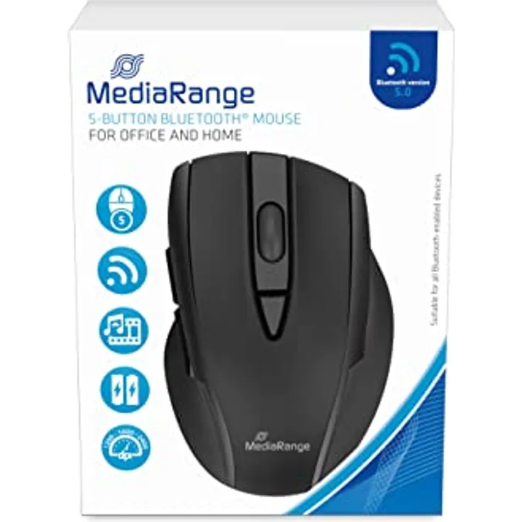 MediaRange kabellose Maus mit 5 Tasten und optischem Sensor, für Bluetooth-fähige Endgeräte, DPI einstellbar, drahtlose Funk-Maus inkl. Scroll-Rad, mit seitlichen Navigationssystem, Farbe schwarz