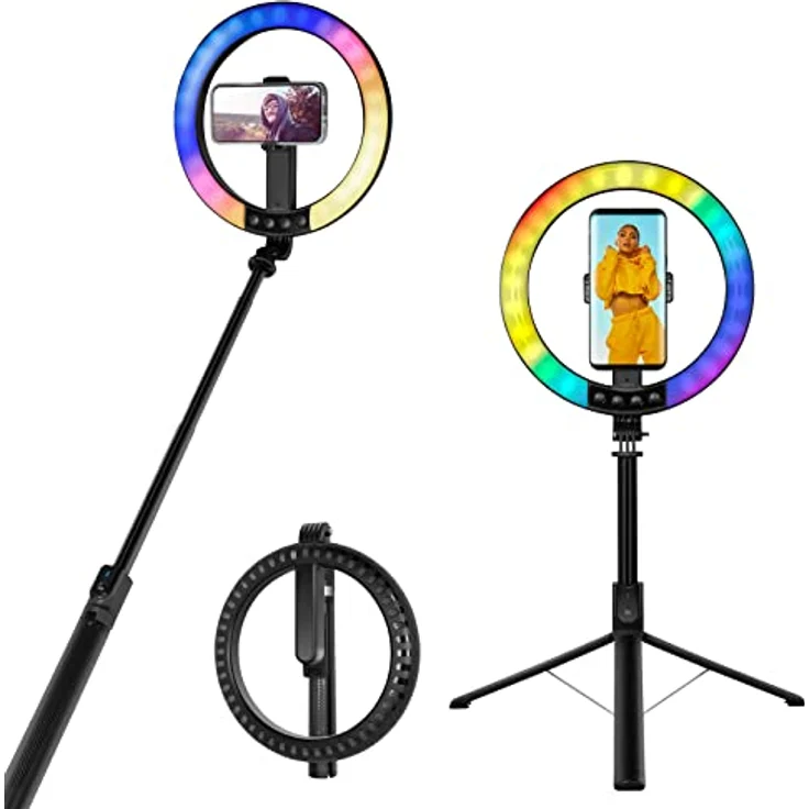 LogiLink AA0156 Ringleuchte, zusammenklappbares LED-Ringlicht mit ausziehbarem Selfie-Stick-Stativ und Farbwechselfunktion, Schwarz – Bild 3