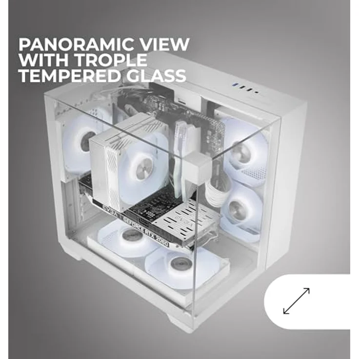 Mars Gaming MC-VISIONM, Kompaktes Mini-Tower PC-Gehäuse mit Panoramadreh-Glas, Weiß, Unterstützung für bis zu 240 mm Flüssigkeitskühlung und 330 mm Grafikkarten – Bild 2
