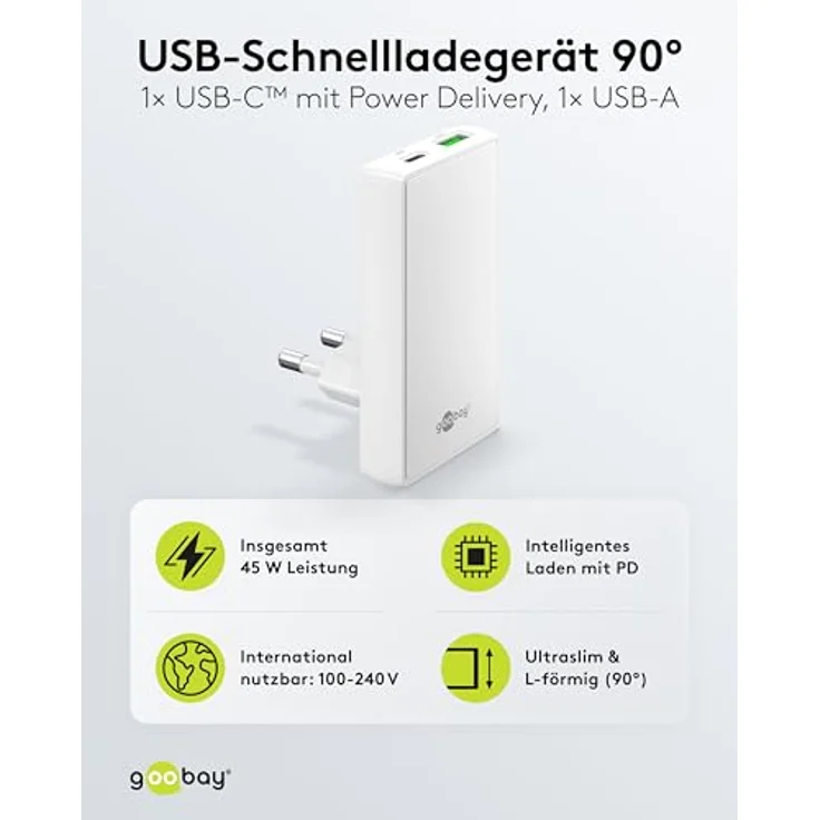 Goobay USB-C PD GaN Dual-Schnellladegerät, 90° Flat, 45 W, platzsparendes Design, weiss – Bild 2