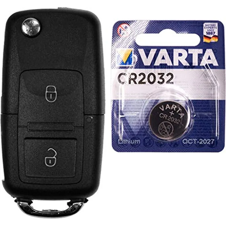 mt-key Klappschlüssel Gehäuse 2 Tasten für VW & SKODA, inklusive HAA Rohling und VARTA CR2032 Batterie, OE Qualität