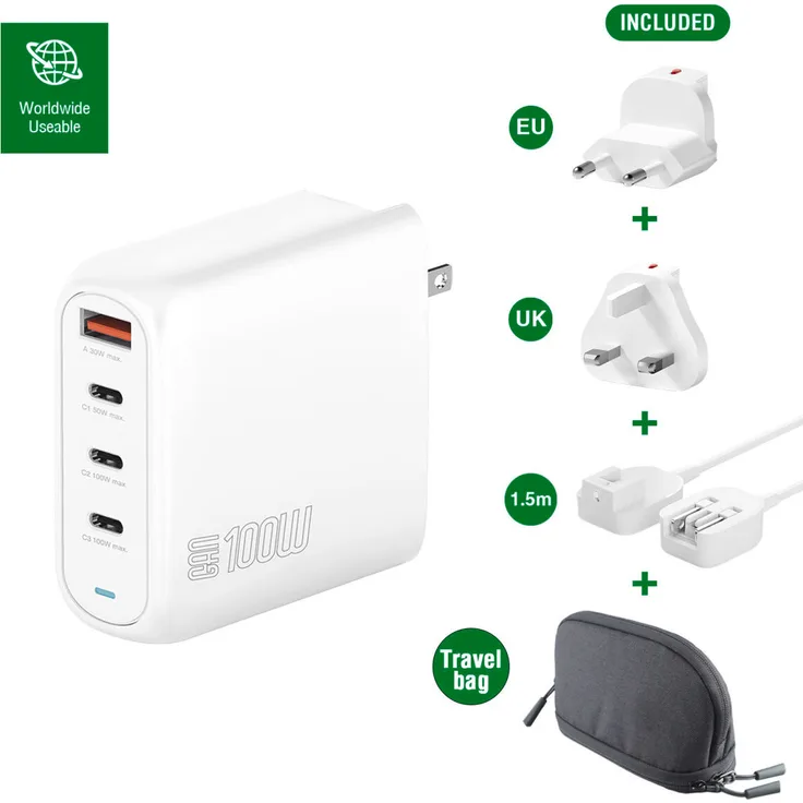 4Smarts Ladegerät GaN Flex Pro 100W 3 USB-C+1 USB-A Travel (545100), Multi-Geräte-Ladefähigkeit mit bis zu 100 W Gesamtleistung, weltweit einsetzbar, inklusive Verlängerungskabel