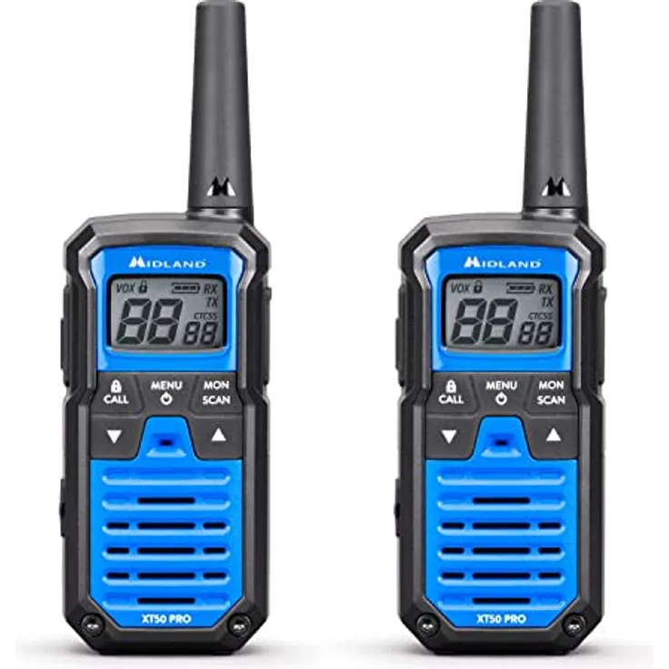 MIDLAND Walkie Talkie XT50 Pro Duo, Dual Band LPD/PMR446, 85 Kanäle, Reichweite bis 8 km, schwarz/blau