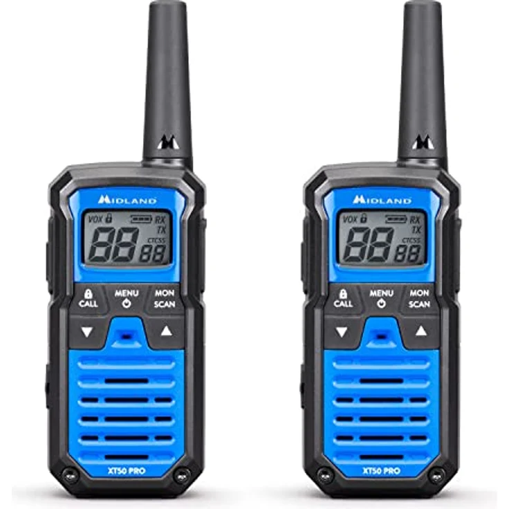 MIDLAND Walkie Talkie XT50 Pro Duo, Dual Band LPD/PMR446, 85 Kanäle, Reichweite bis 8 km, schwarz/blau – Bild 1