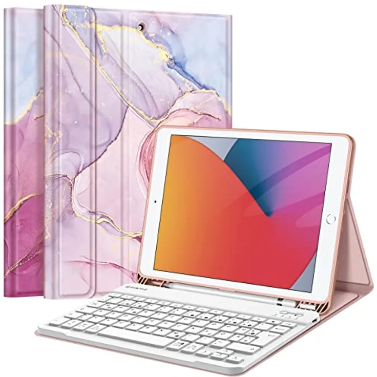 Fintie Tastatur Hülle für iPad 10.2 Zoll (9/8/ 7 Generation - 2021/2020/2019), Marmor - Schutzhülle mit TPU Rückschale, Pencil Halter und magnetisch Abnehmbarer Tastatur mit QWERTZ Layout