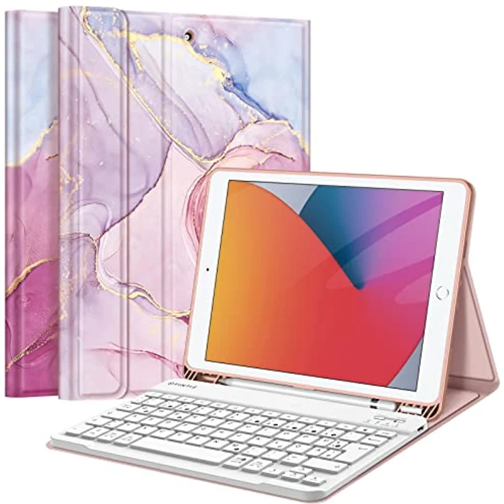 Fintie Tastatur Hülle für iPad 10.2 Zoll (9/8/ 7 Generation - 2021/2020/2019), Marmor - Schutzhülle mit TPU Rückschale, Pencil Halter und magnetisch Abnehmbarer Tastatur mit QWERTZ Layout – Bild 1