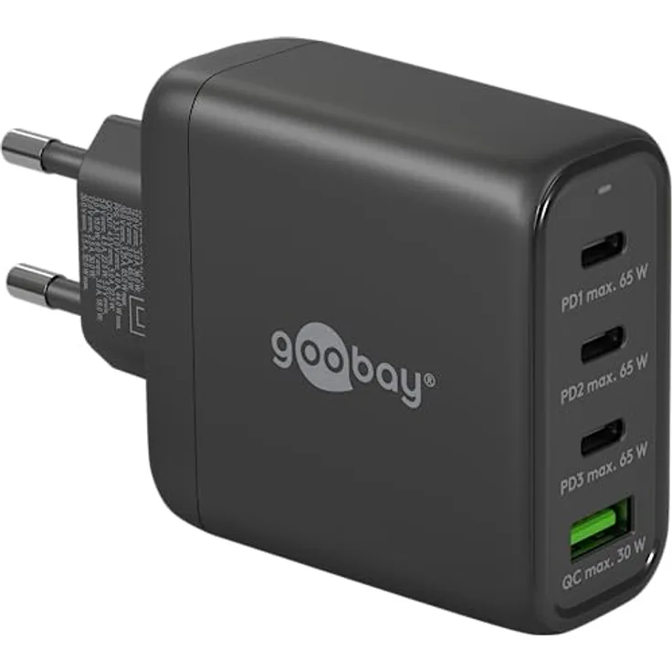goobay 64819 USB C PD 4-Fach Multiport Schnellladegerät (65W) / 1x USB A 3X USB C Eingang/Power Delivery/Netzteil für Ladekabel vom iPhone und Anderen Handys/Handy Ladegerät/schwarz