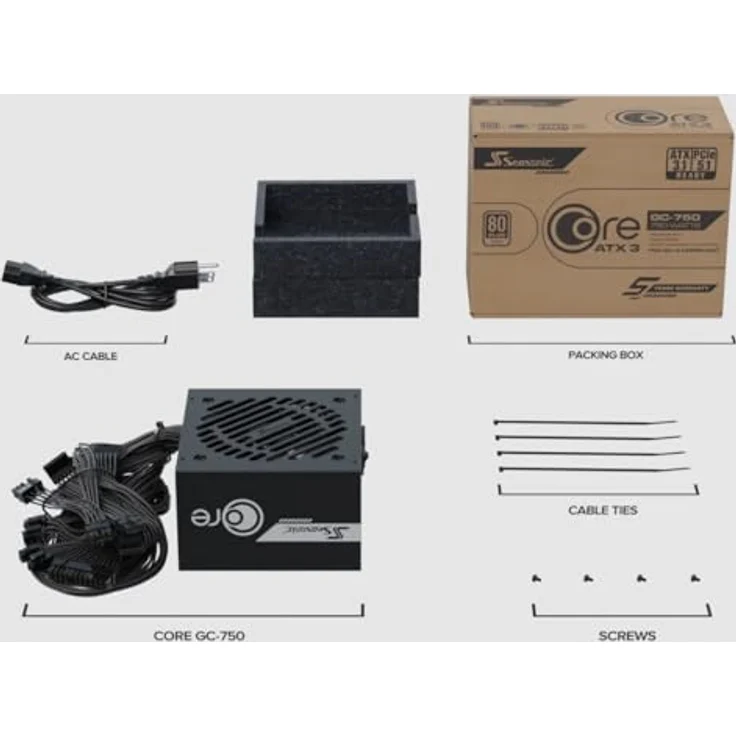 Seasonic Core GC-750, 750W ATX3 Netzteil (80+ Gold), schwarzes PC Netzteil mit 120 mm Lüfter und festem Kabelstrang – Bild 2