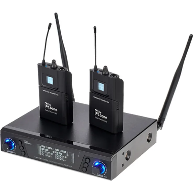 the t.bone freeU Twin PT 823, UHF Wireless-System mit 2 Kanälen, Taschensender und Gitarrenkabel, 50 - 16.000 Hz, 30 mW Sendeleistung, Frequenzband 823 - 832 MHz