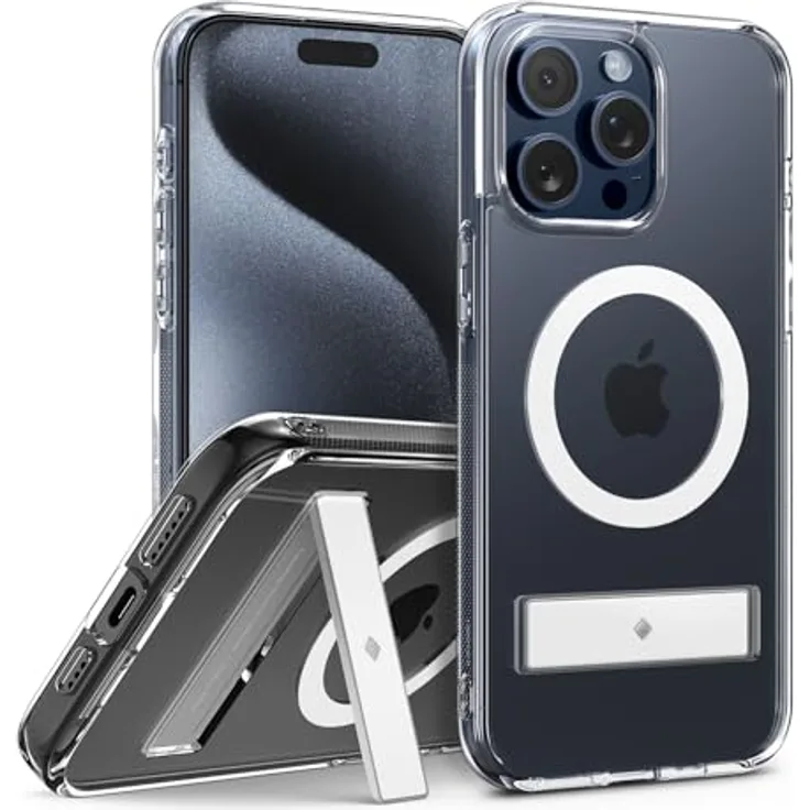 Caseology Capella Mag Kickstand Kompatibel mit iPhone 15 Pro Hülle [Schutz in Militärqualität] [Integrierter Ständer] mit Leistungsstarkem Magnet - Klar Weiß