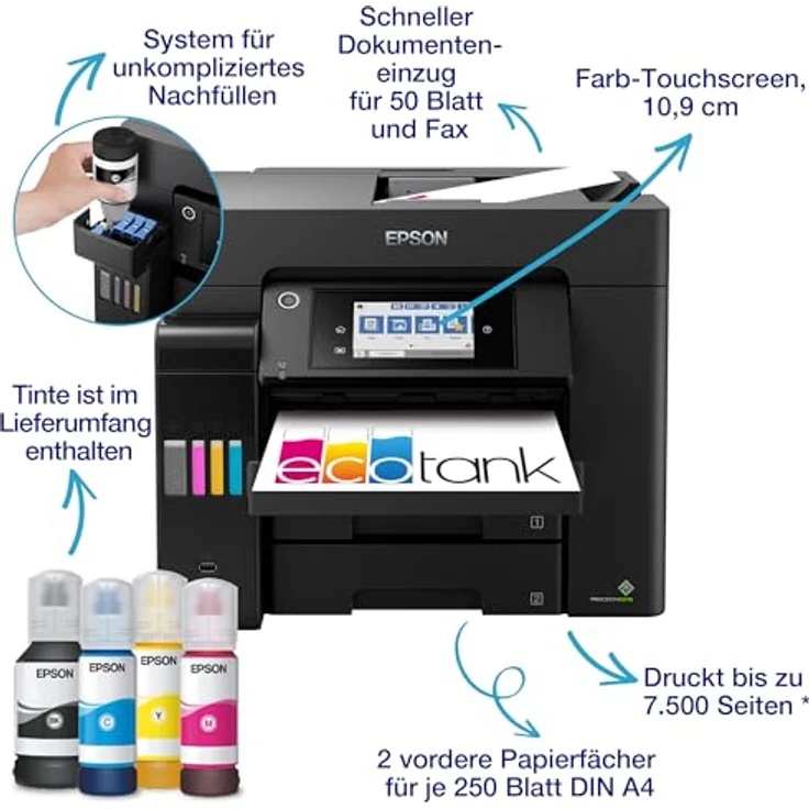 EPSON EcoTank ET-5855 Inkjet Colour Multifunction Printer 32ppm (C11CJ29406), Schwarz, Wireless, Duplex-Druck – Bild 4