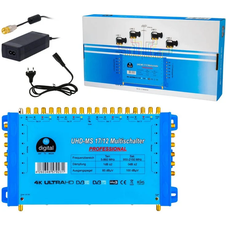 HB-DIGITAL SAT-Multischalter UHD-MS 17/12, Multiswitch für bis zu 12 Teilnehmer, entwickelt für 4 x UNIVERSAL-QUATTRO-LNBFs, 4K UHD, vergoldete F-Anschlüsse