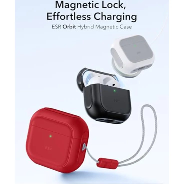 ESR Orbit Hybrid Hülle für AirPods 4 Gen (2024) mit USB-C, kabelloses Laden, Schutzhülle mit Handschlaufe, magnetischer Deckel, Rot – Bild 3