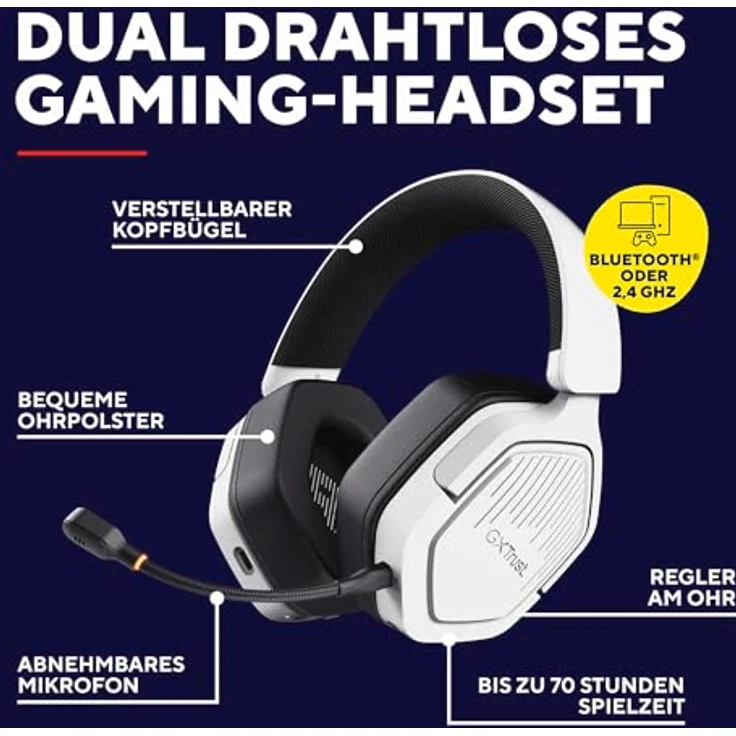 Trust Gaming GXT 1493W Ravox Gaming Headset Wireless Bluetooth + 2.4 GHz, 50mm Treiber, 70H Akkulaufzeit, Over-Ear Kopfhörer Kabellos Bluetooth mit Mikrofon, Weiß – Bild 2