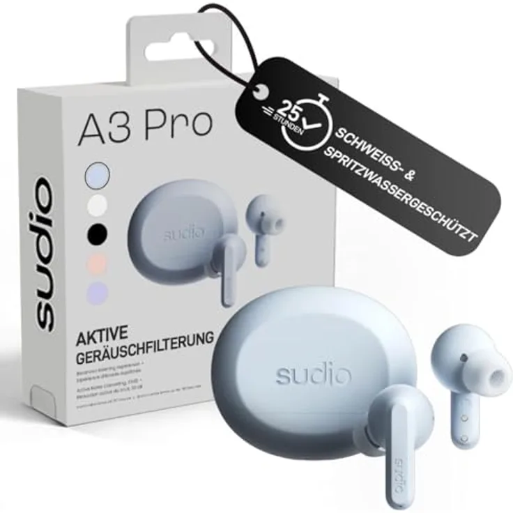 sudio A3 Pro, True Wireless Kopfhörer mit Noise Cancelling, Bluetooth 5.4, 25h Spielzeit, USB-C Ladecase, Blau