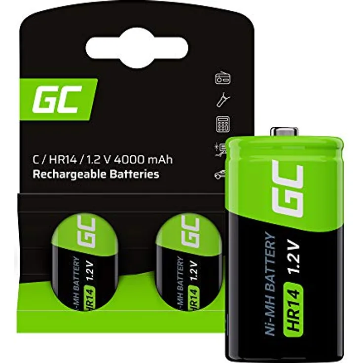 Green Cell 4000mAh 1.2V 2 Stck Vorgeladene NI-MH C-Akkus - Akkubatterien HR14 R14 Babyzellen (C), sofort einsatzbereit, Starke Leistung, geringe Selbstentladung, wiederaufladbare Akku Batterie